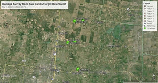 Damage points, photos, and descriptions from the Hargill/Faysville area to San Carlos in Hidalgo County, Texas, following the May 14th Downburst
