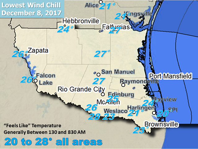 Preliminary lowest wind chill temperatures on December 8, 2017