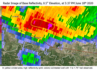 Base Reflectivity at 0.5 degrees at 537 PM CDT June 18, 2020, over north Sullivan City, TX