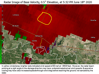 Base Reflectivity at 0.5 degrees at 532 PM CDT June 18, 2020, over north Sullivan City, TX