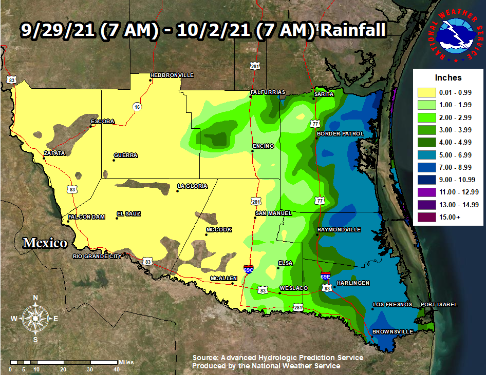 Rainfall totals from September 29 through October 1, 2021, for all of the Deep South Texas/Rio Grande Valley region.  Heavy rainfall also occurred on September 30th (evening) in Brooks, Kenedy, and extreme eastern Jim Hogg County.