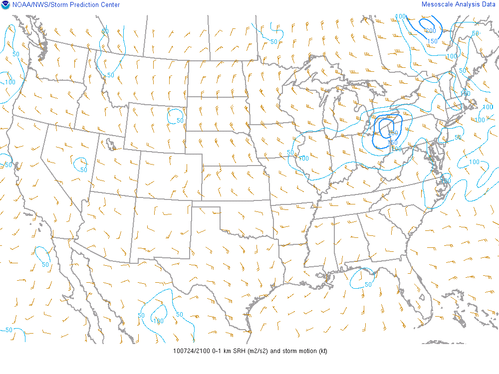 0-1KM Storm Relative Helicity at 21Z (5PM EDT)