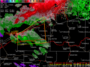 2008Z (408PM EDT). Storm Relative Motion showing velocity couplet between Ripley and Mayville. The red box indicates the tornado warning area, while the larger yellow box indicates a severe thunderstorm warning.