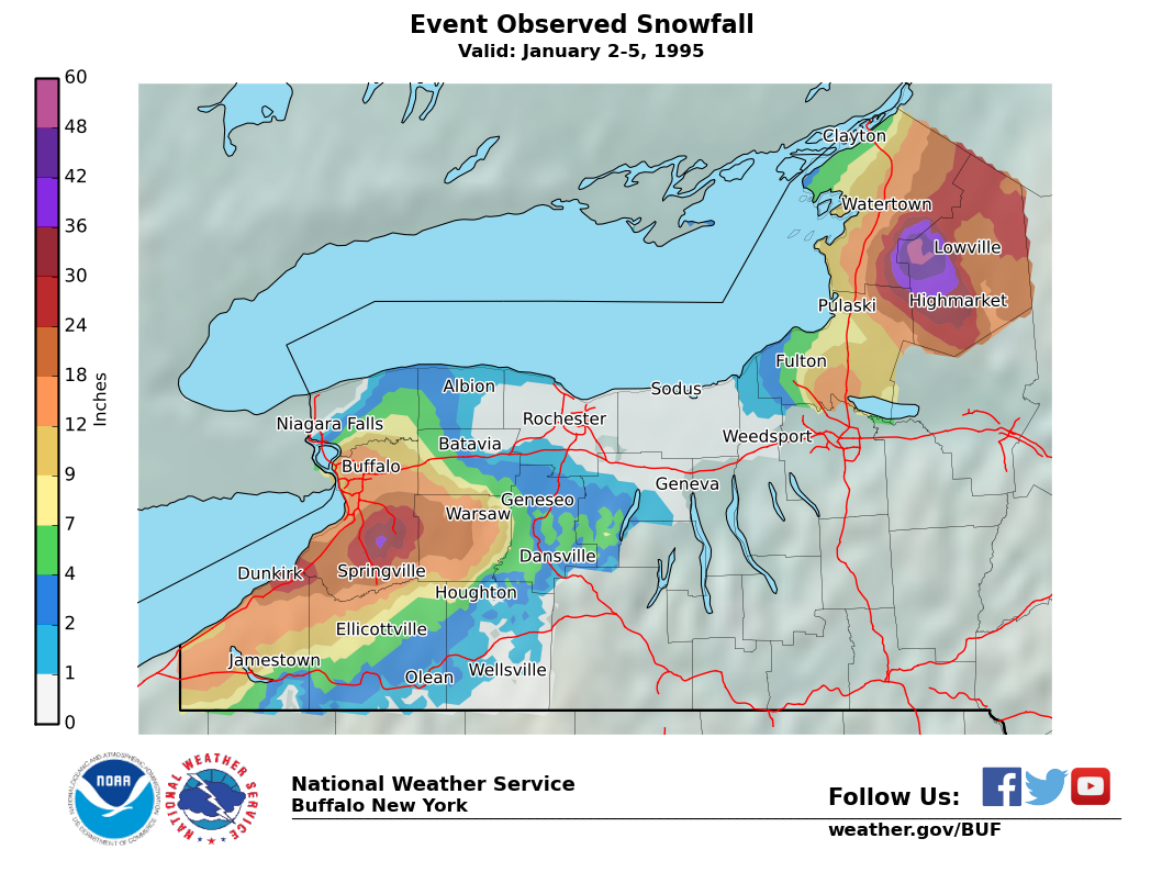 Lake Effect Summary - Jan 02 1995 to Jan 05 1995 - Storm Total Snow Map