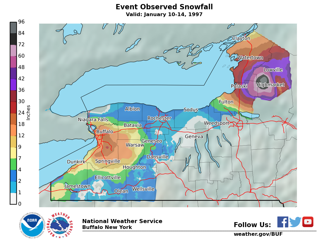 Lake Effect Summary - Jan 10 1997 to Jan 14 1997 - Storm Total Snow Map
