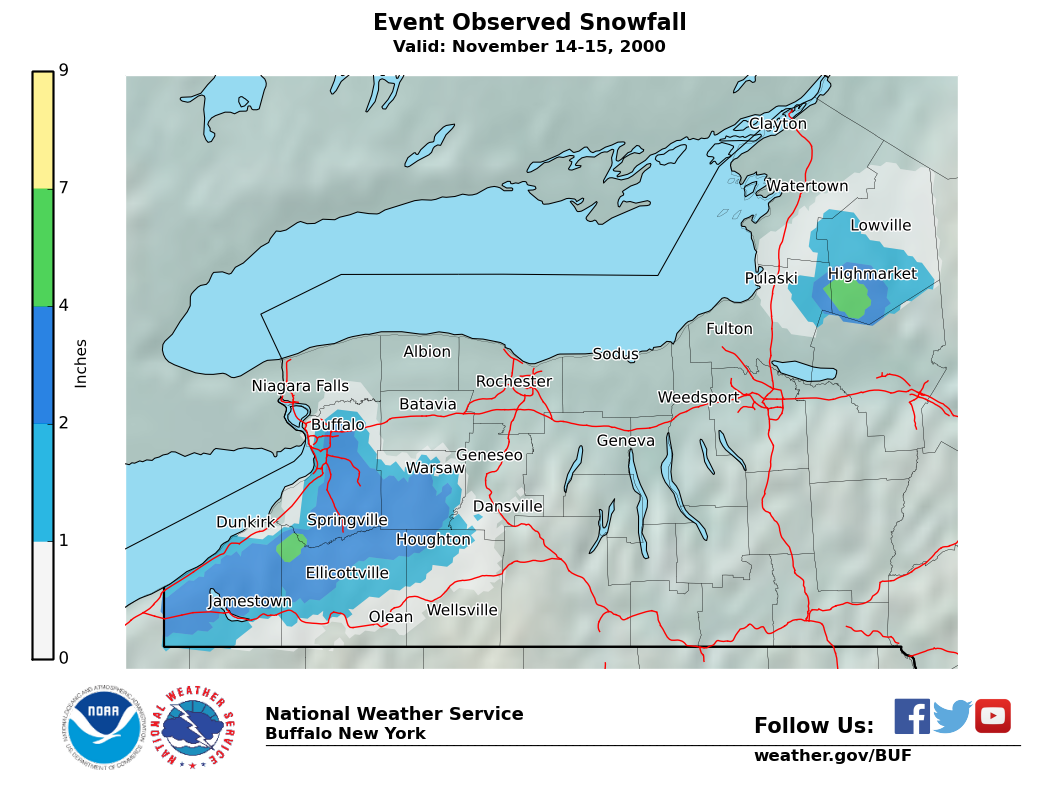 Lake Effect Summary - Nov 14 2000 to Nov 15 2000 - Storm Total Snow Map