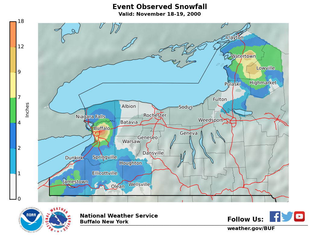 Lake Effect Summary - Nov 18 2000 to Nov 19 2000 - Storm Total Snow Map