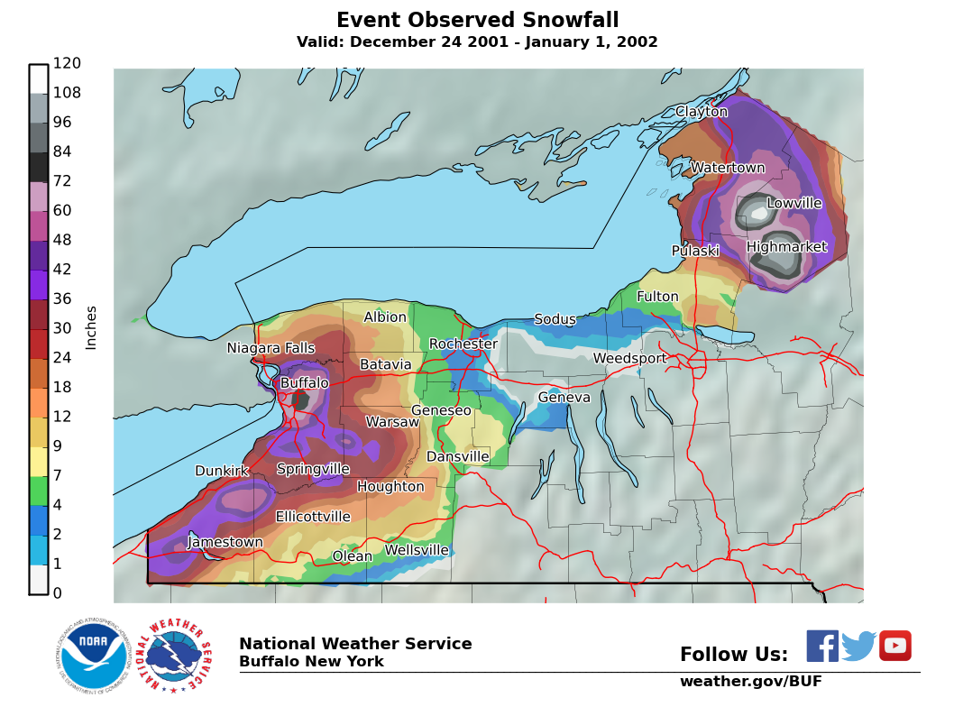 Lake Effect Summary - Dec 24 2001 to Jan 01 2002 - Storm Total Snow Map