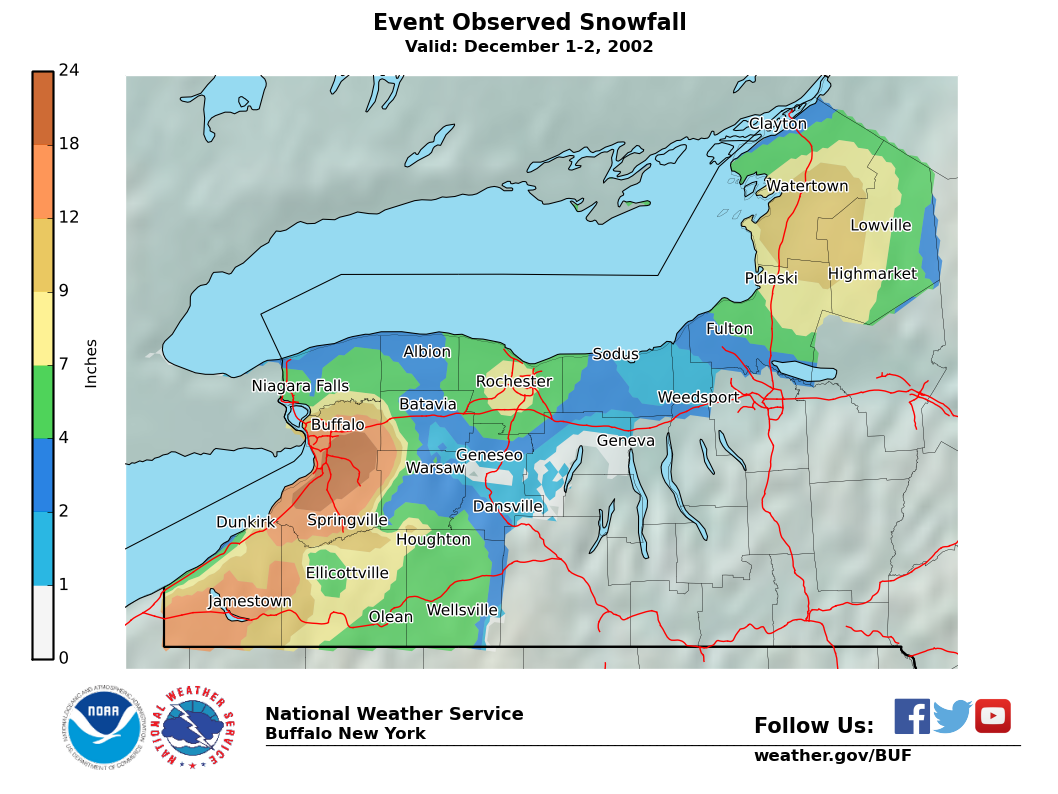 Lake Effect Summary - Dec 01 2002 to Dec 02 2002 - Storm Total Snow Map