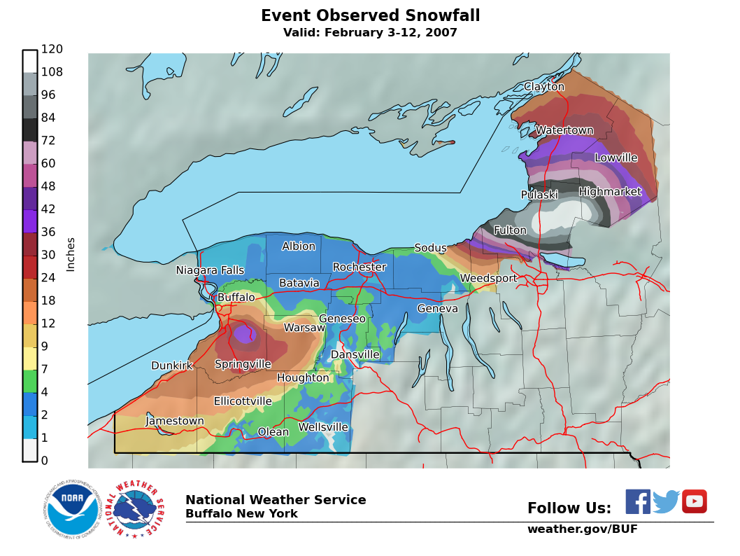 Lake Effect Summary - Feb 03 2007 to Feb 12 2007 - Storm Total Snow Map