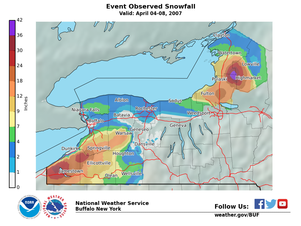 Lake Effect Summary - Apr 04 2007 to Apr 08 2007 - Storm Total Snow Map