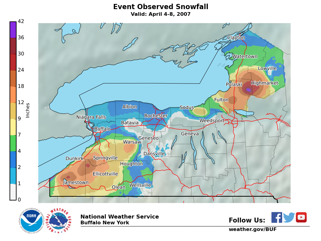 Lake Effect Summary - Apr 07 2007 to Apr 08 2007 - Storm Total Snow Map