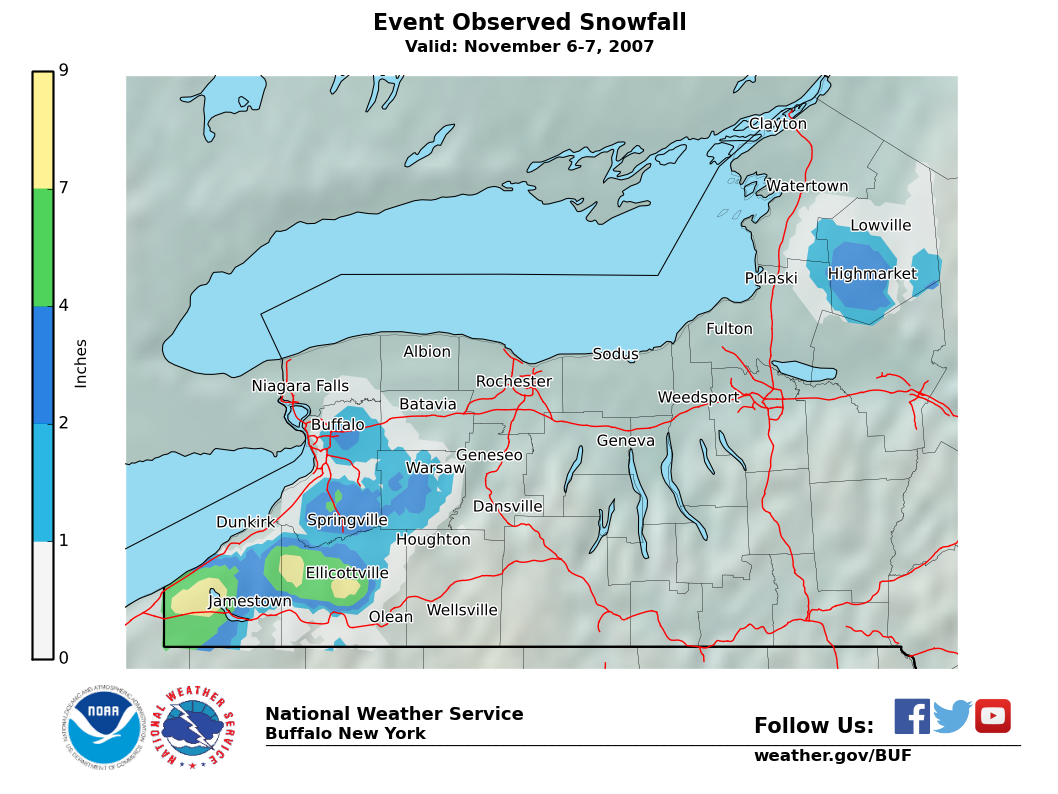 Lake Effect Summary - Nov 06 2007 to Nov 07 2007 - Storm Total Snow Map