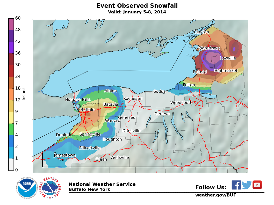 Lake Effect Summary - Jan 05 2014 to Jan 08 2014 - Storm Total Snow Map