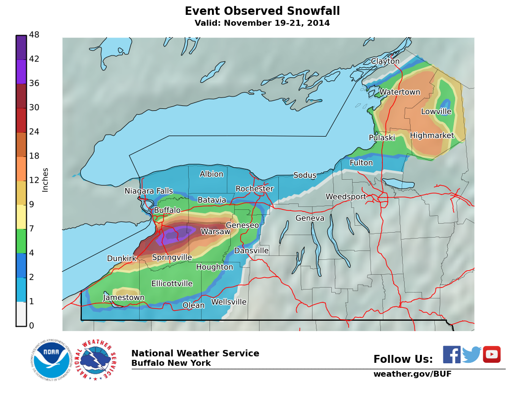 Lake Effect Summary - Nov 19 2014 to Nov 21 2014 - Storm Total Snow Map