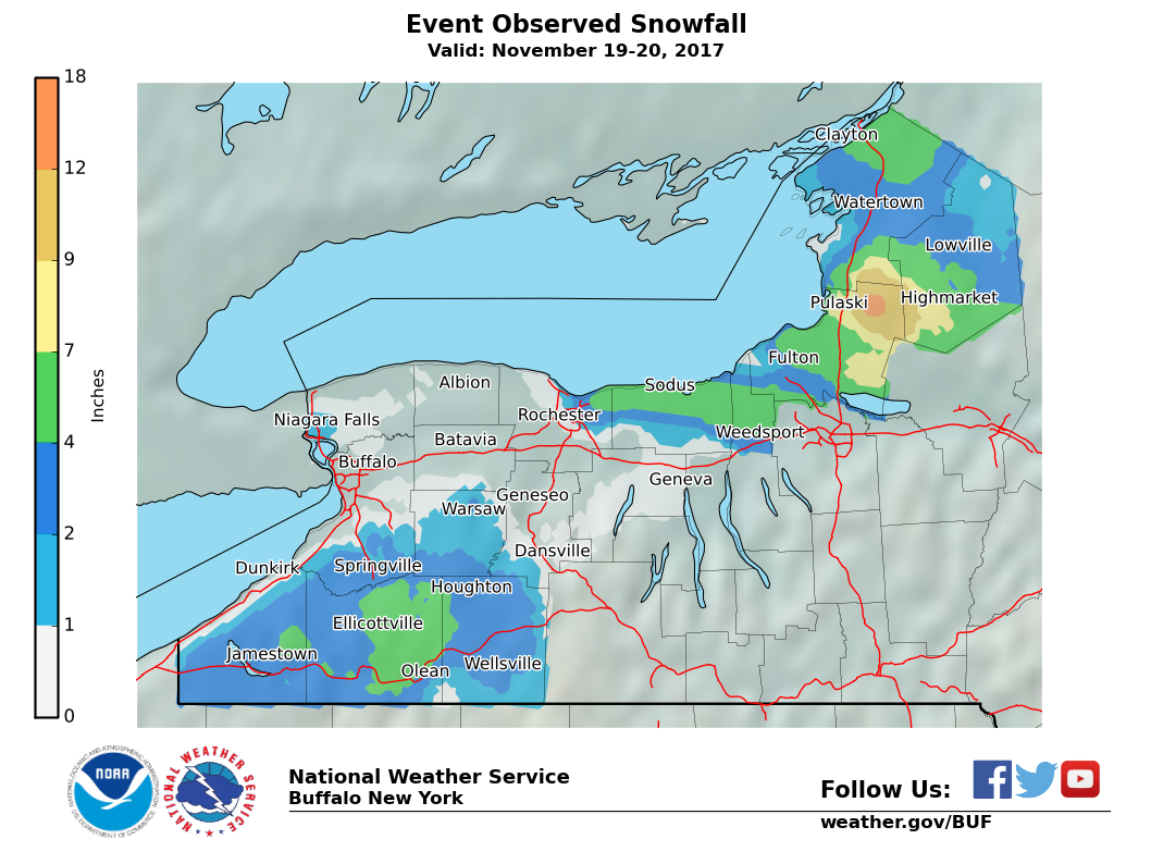 Lake Effect Summary - Nov 19 2017 to Nov 20 2017 - Storm Total Snow Map