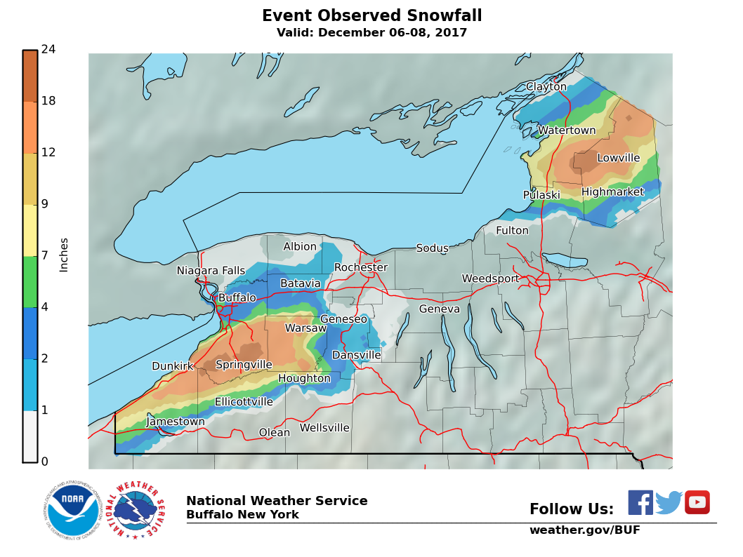 Lake Effect Summary - Dec 06 2017 to Dec 08 2017 - Storm Total Snow Map