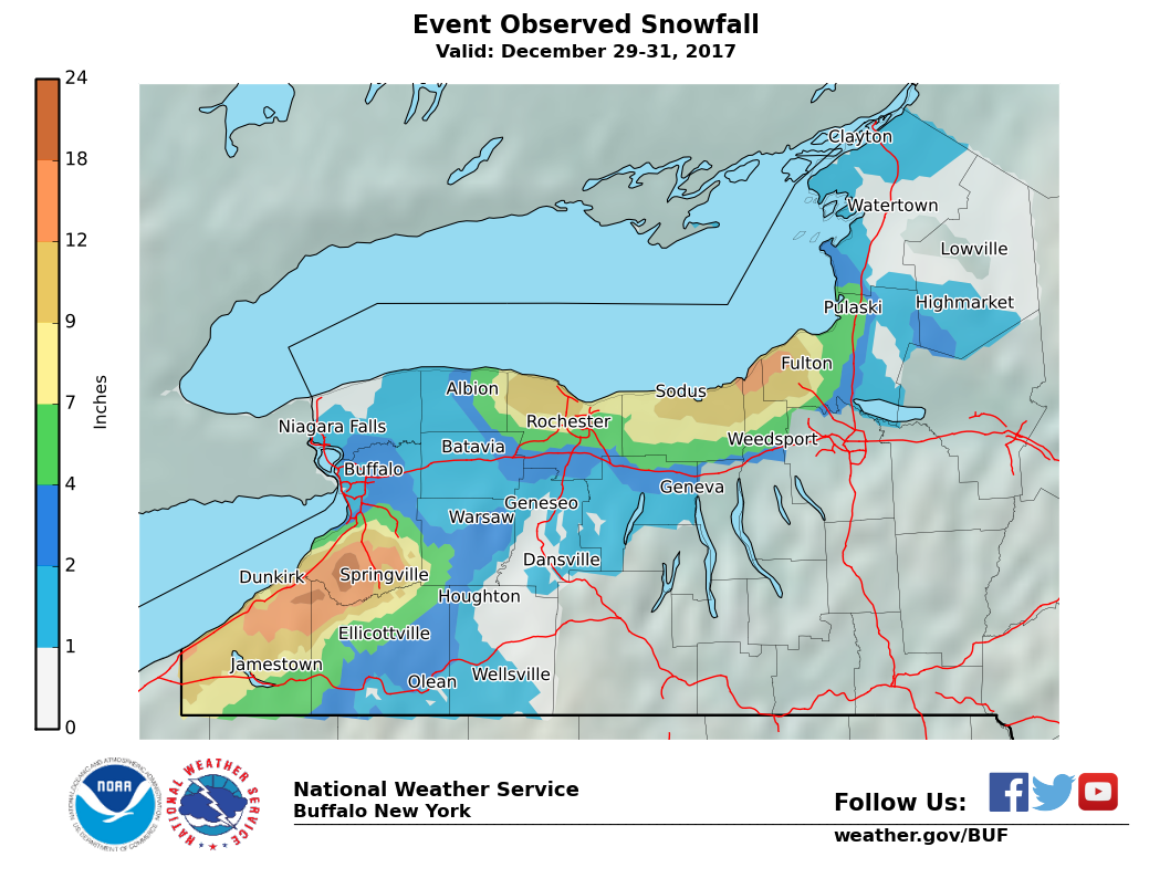 Lake Effect Summary - Dec 29 2017 to Dec 31 2017 - Storm Total Snow Map