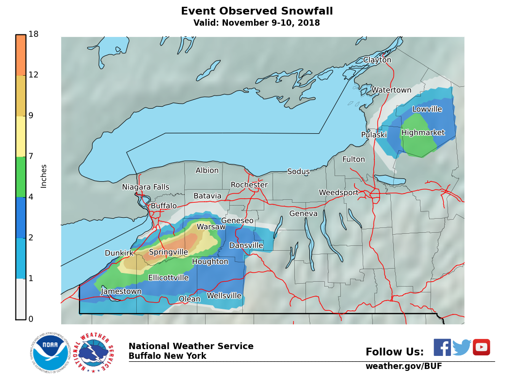 Lake Effect Summary - Nov 10 2018 to Nov 11 2018 - Storm Total Snow Map