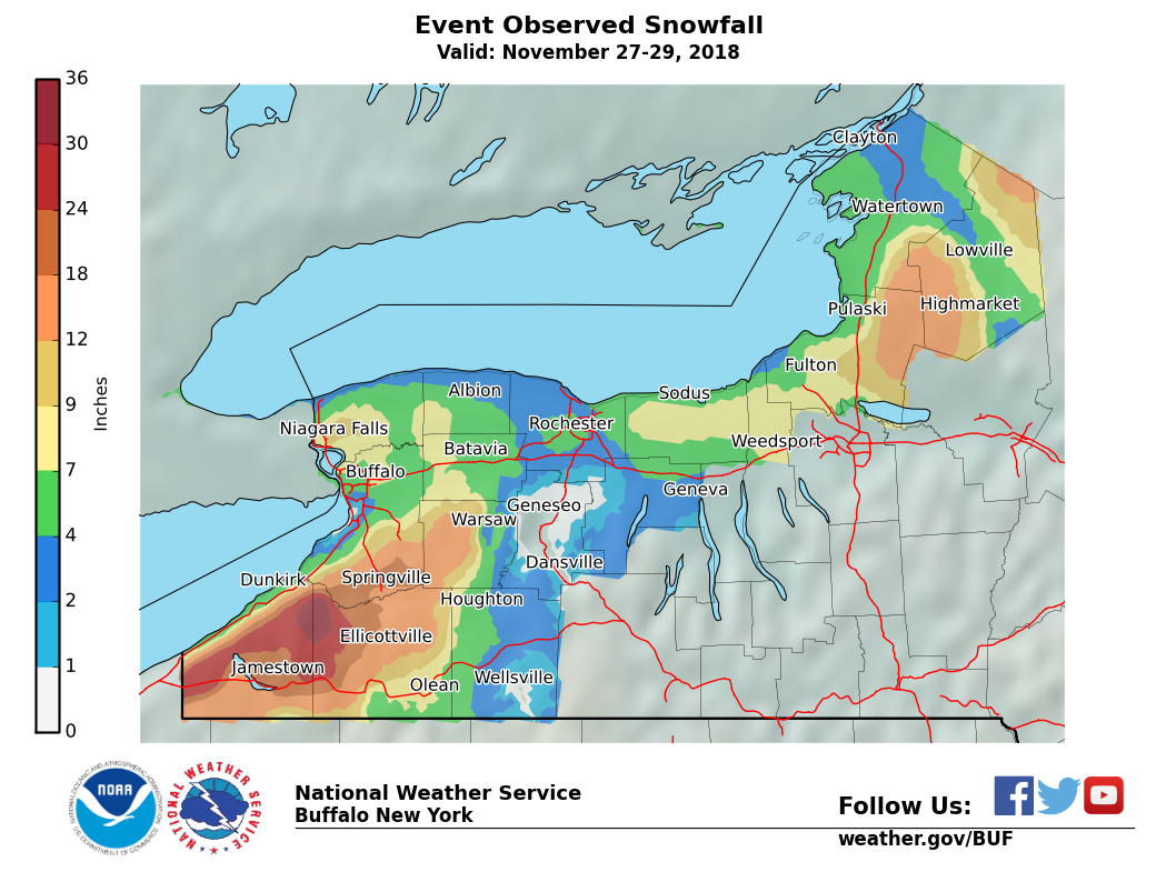 Lake Effect Summary - Nov 27 2018 to Nov 28 2018 - Storm Total Snow Map