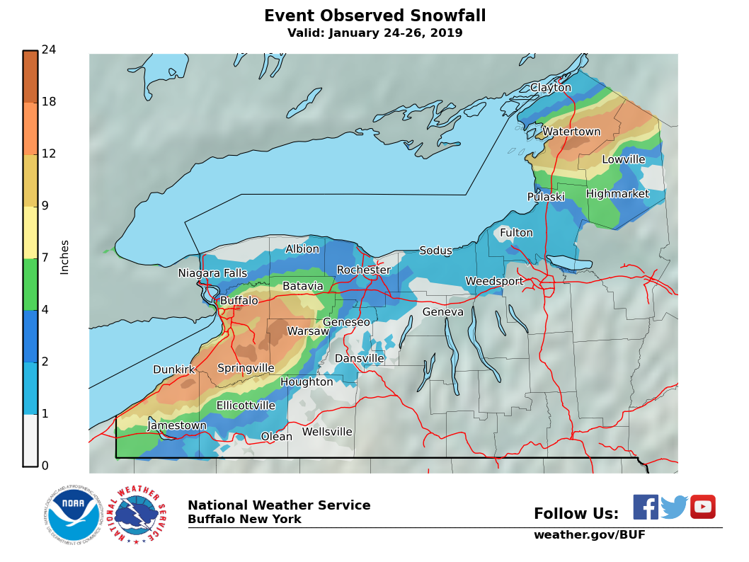Lake Effect Summary - Jan 24 2019 to Jan 26 2019 - Storm Total Snow Map