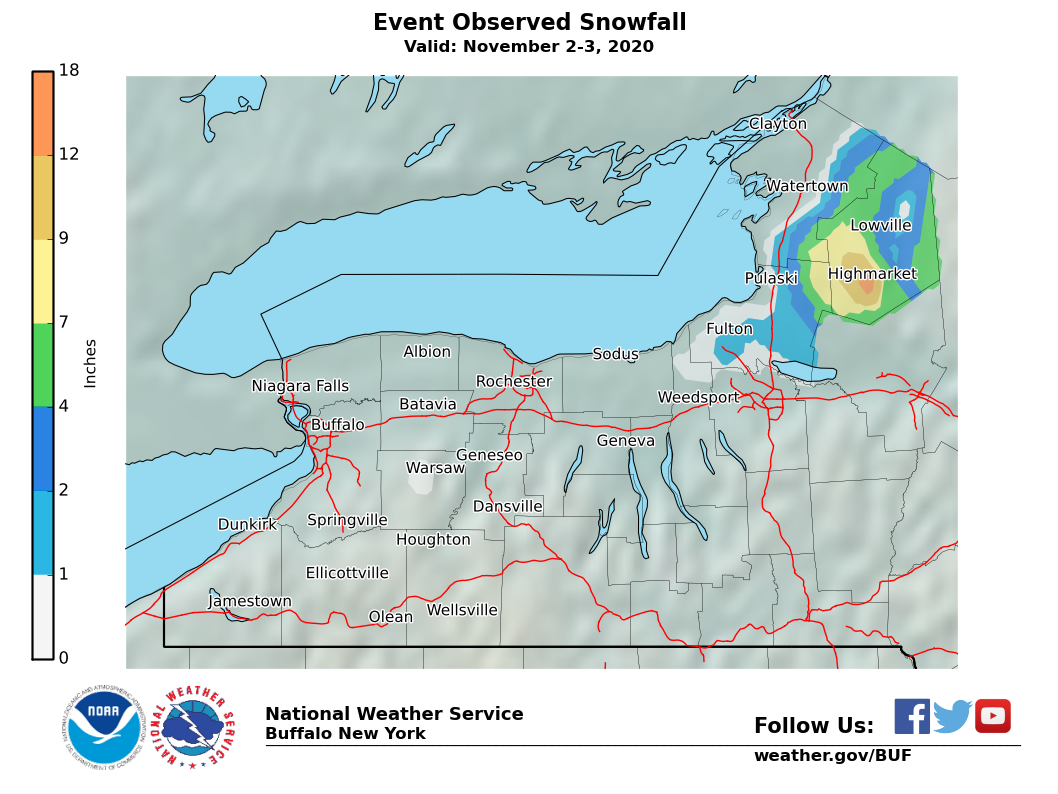 Lake Effect Summary - Nov 02 2020 to Nov 03 2020 - Storm Total Snow Map