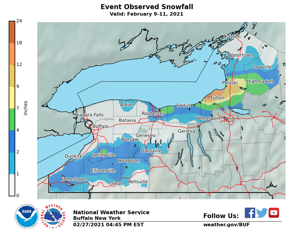 Lake Effect Summary - Feb 09 2021 to Feb 11 2021 - Storm Total Snow Map