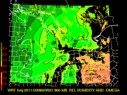 Graphical display of 900mb Vertical Velocity and RH