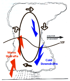 Cross-section of thunderstorm showing warm updrafts (red), cold downdrafts (blue), and feezing level (black line)