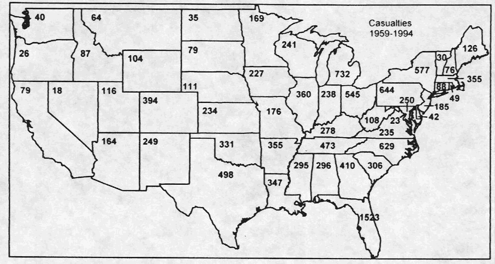 Map of lightning casualties across the United States: From Lightning Fatalities, Injuries and Damage Reports in the United States, 1959-1994