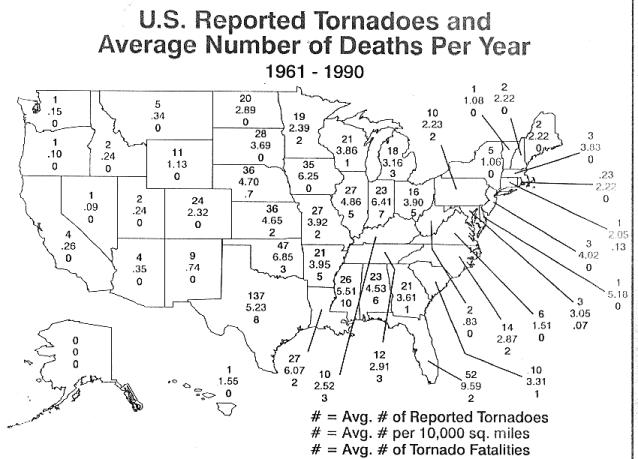 Tornadoes and average number of deaths by state
