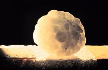 Large irregular shaped hailstone approximately 4 inches in diameter