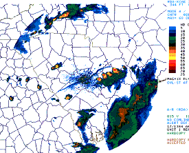 Radar display showing thunderstorms in a line (training) over the Pee Dee region