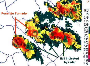 Radar display showing areas of hail and possible tornadoes