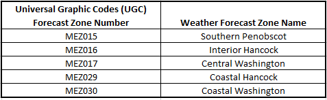 Table with zone numbers and names for zones with 6+ inches of snowfall for warning criteria