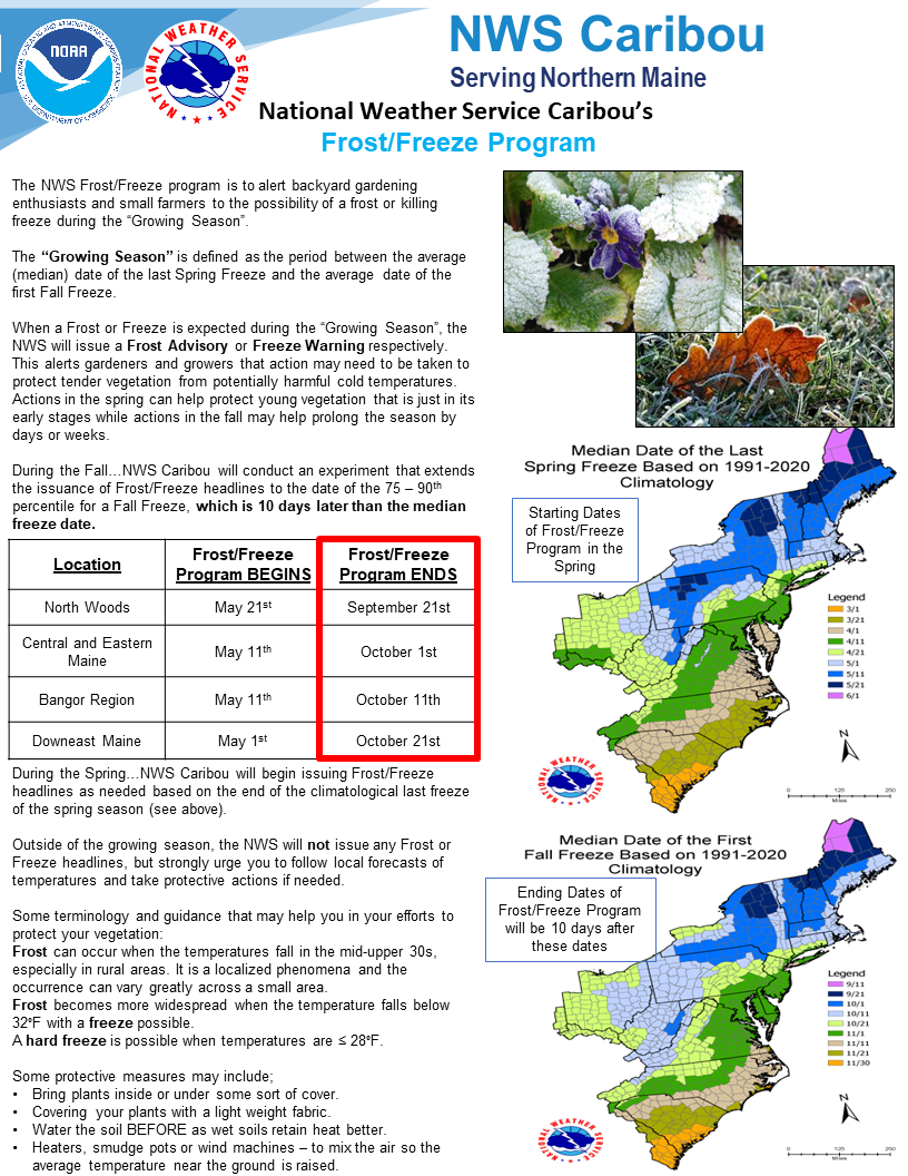 An NWS Caribou informational document about their Frost/Freeze Program. It includes images of frost-covered plants and two maps of the Northeast showing median spring and fall freeze dates. A table details Frost/Freeze Program start and *end* dates for different regions of Maine. Program end dates: North Woods -- Sept 21st; Central and Eastern Maine -- Oct 1st; Bangor Region -- Oct 11th; Downeast Maine -- Oct 21st