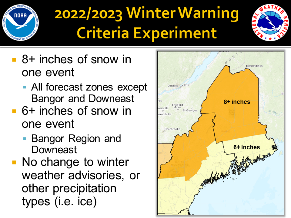 Map showing Northern Maine with 8+ inches of snow overlaid, and Central Maine and Downeast with 6+ inches of snow overlaid