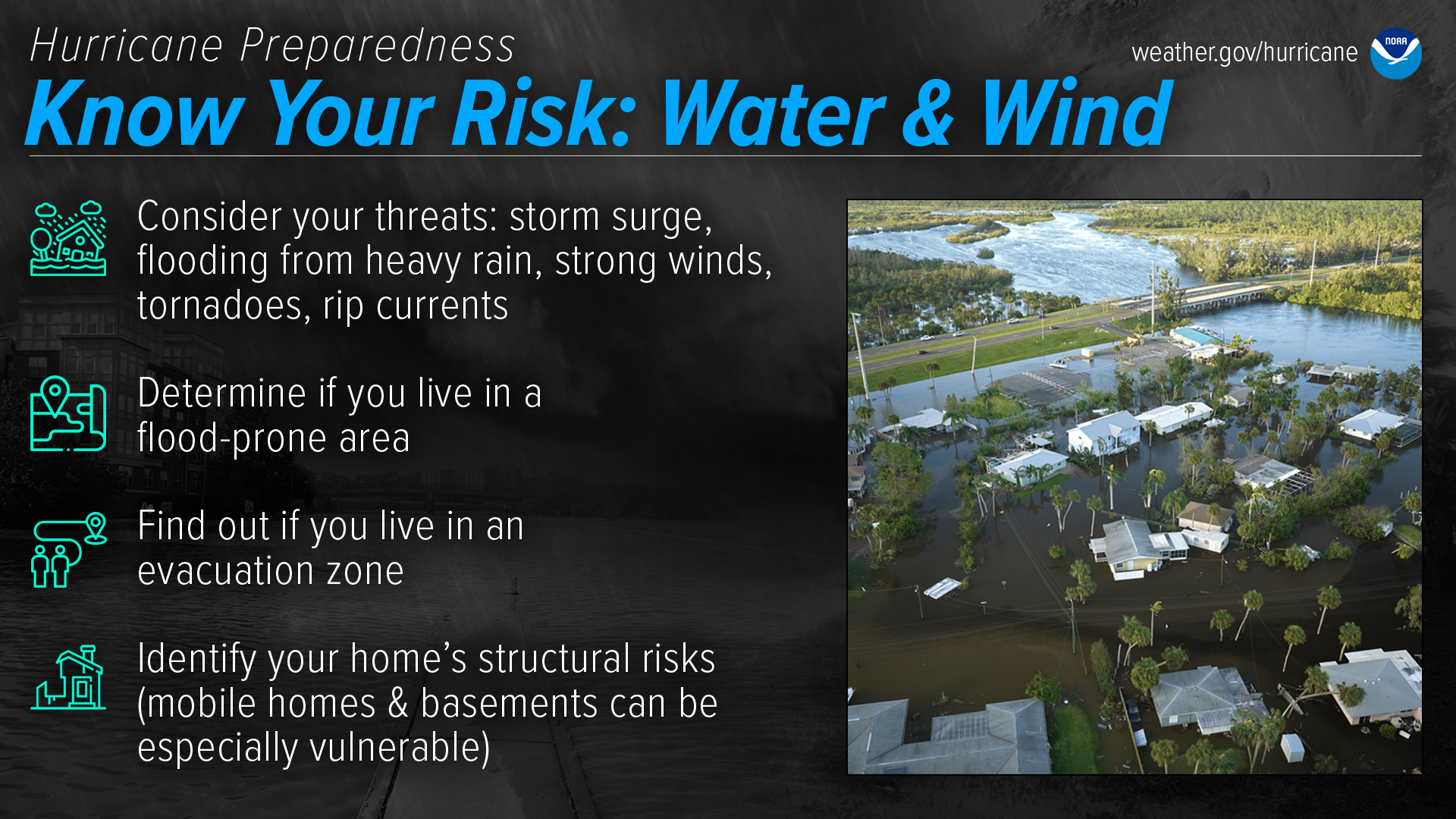 Hurricane Preparedness - Know Your Risk: Water & Wind. Consider your threats: storm surge, flooding from heavy rain, strong winds, tornadoes, rip currents. Determine if you live in a flood-prone area. Find out if you live in an evacuation zone. Identify your home's structural risk (mobile homes & basements can be especially vulnerable)