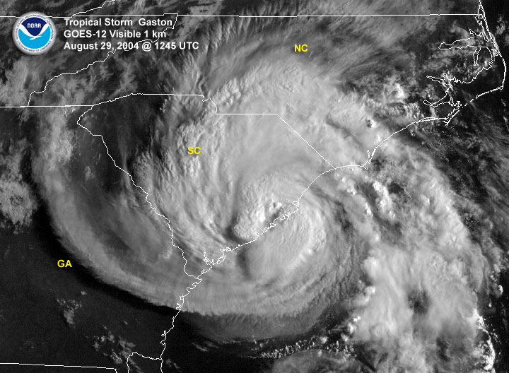 Visible satellite image of Hurricane Gaston near landfall along the SC coast.
