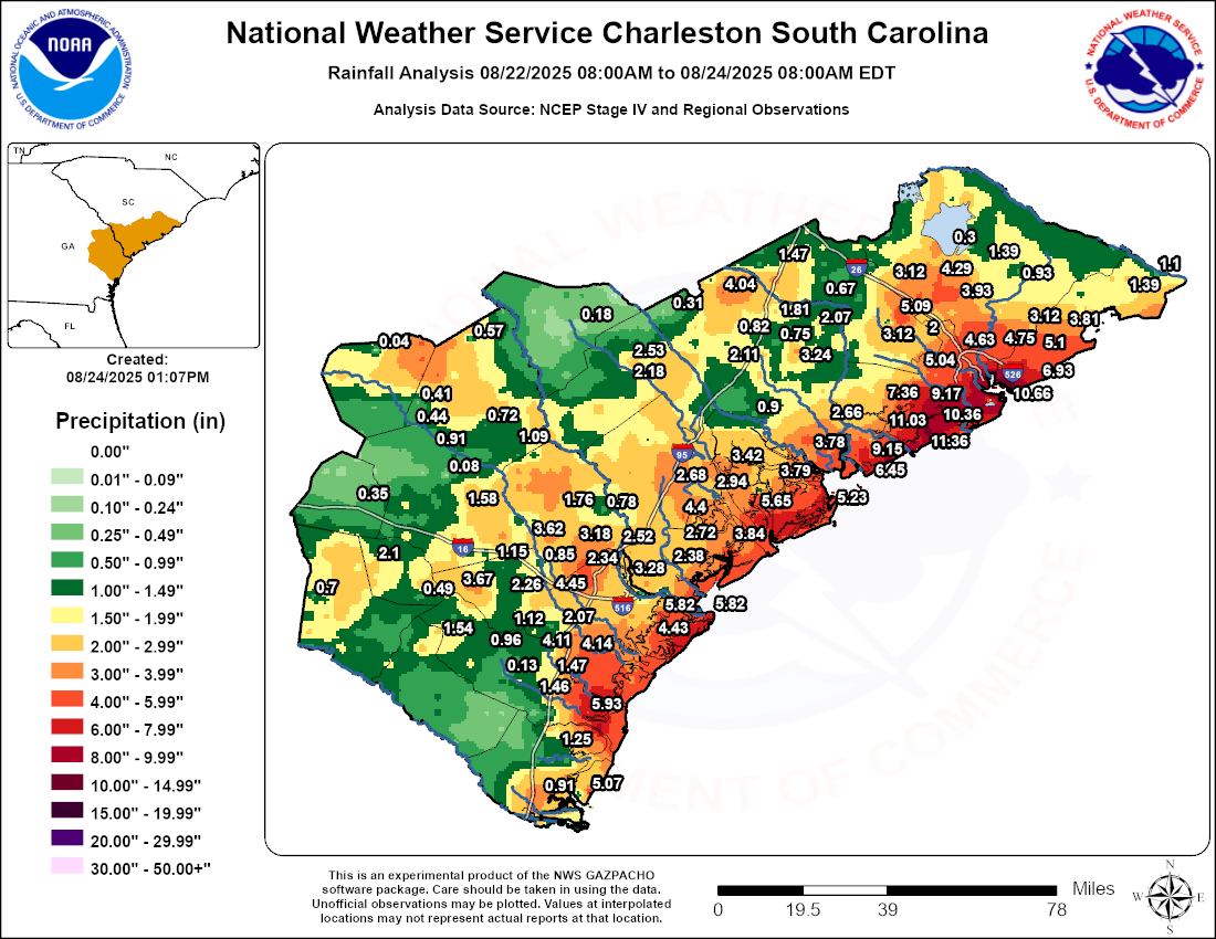 24 Hour (8 AM Friday, August 22 - 8 AM Saturday, August 23) Rainfall Totals across the Region.