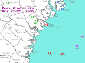 Map of peak wind gusts in southeast GA.