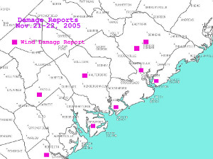 Map of damage reports in southern SC.