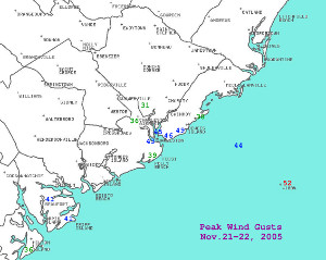 Map of peak wind gusts in southern SC.