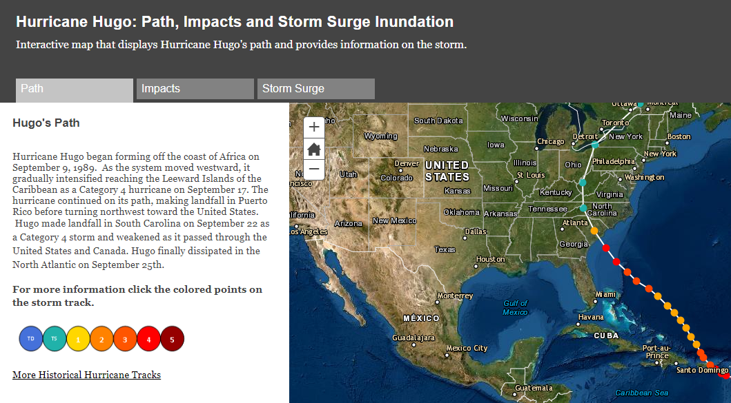 Interactive Map of Hugo's track, impacts and storm surge