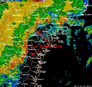 KCLX radar relectivity of the squall line moving through the area. 