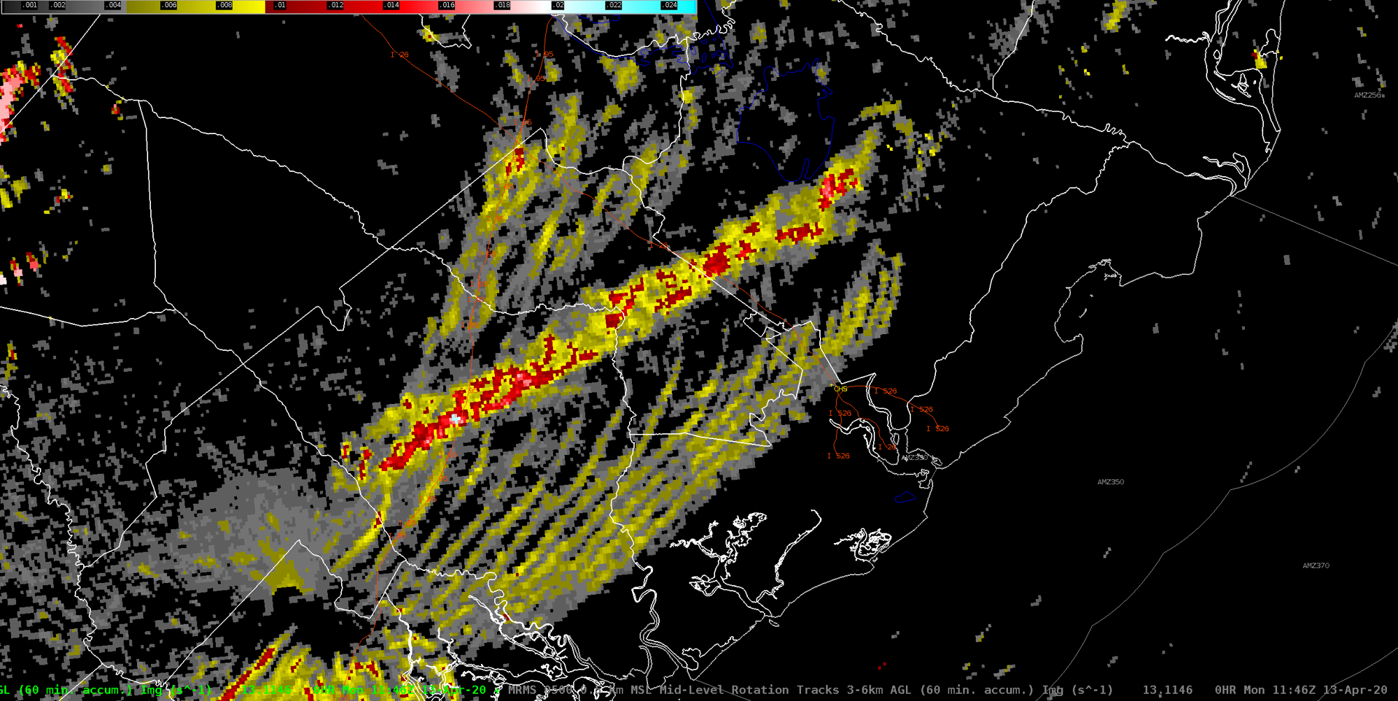 KCLX Radar Mid-level Rotational Tracks (1146 UTC/746 AM EDT)