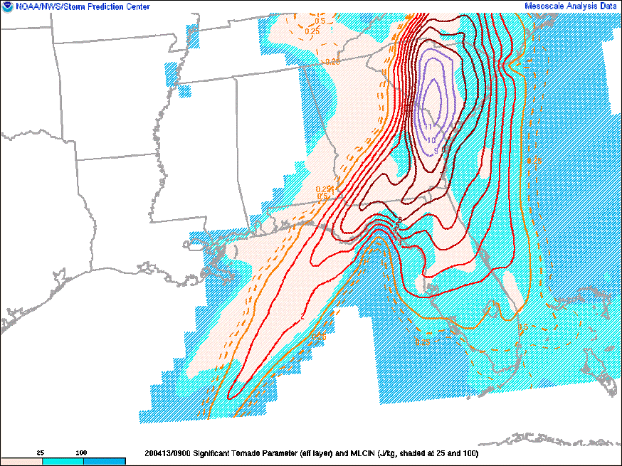 NWS SPC Significant Tornado Parameter analysis - 09 UTC/5 AM EDT 4/13/20