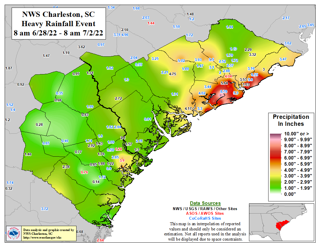 Map of rainfall reports from 6/28/22-7/2/22