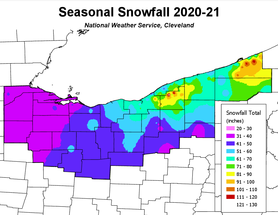This is a map that depicts the snowfall across northern Ohio and Northwest Pennsylvania for the 2020-2021 Winter Season.
