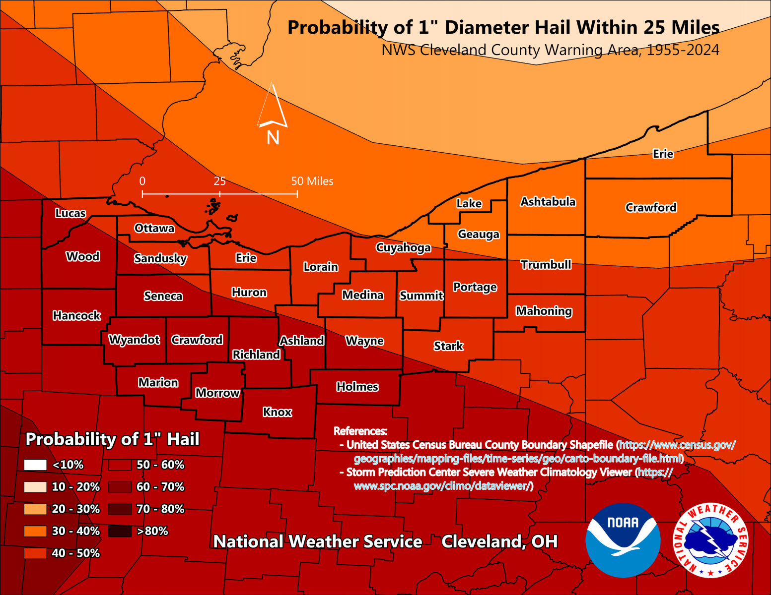 Probability of 1 inch diameter Hail within 25 miles